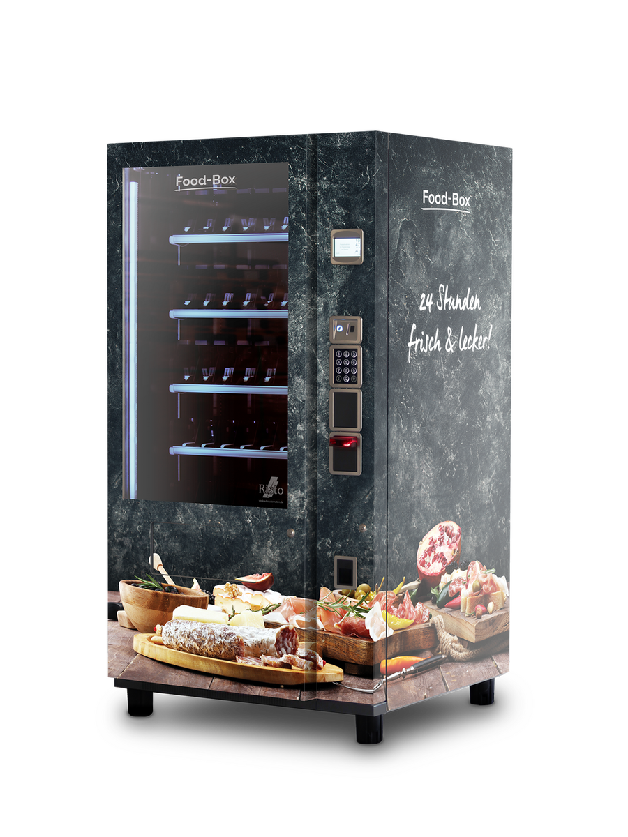 Distributeur automatique noir illustrant du fromage et de la viande      