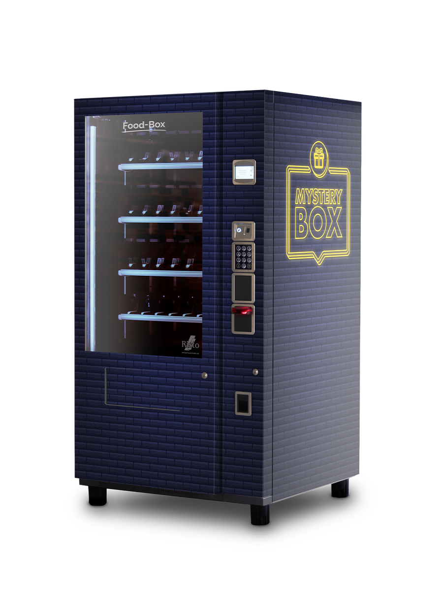 Distributeur automatique bleu foncé avec inscription Mystery Box      
