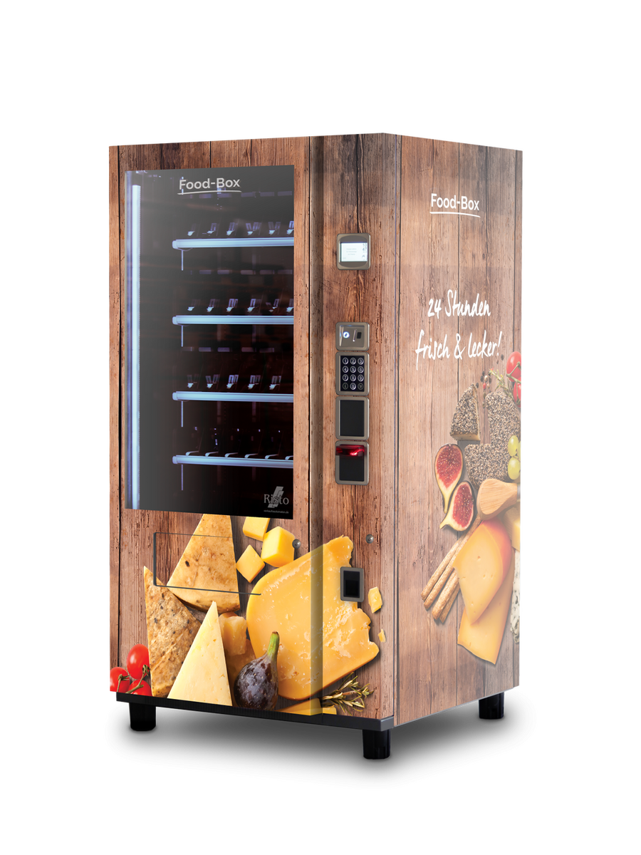 Distributeur automatique au motif de fromage et charcuterie fine, aspect bois      