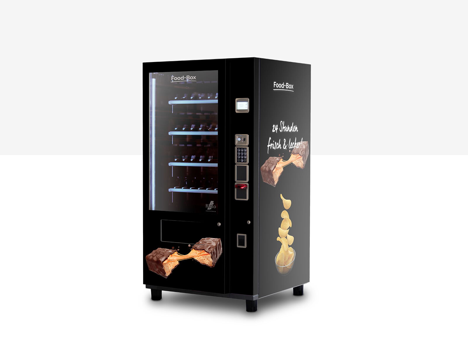 Distributeur automatique noir illustrant des barres chocolatées et des chips      