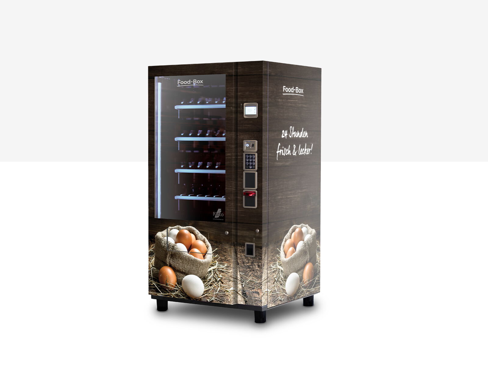 Distributeur automatique noir avec œufs en paniers et design bois rustique      