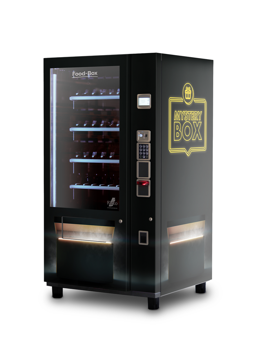 Distributeur automatique au design box mystère avec compartiment de distribution éclairé      