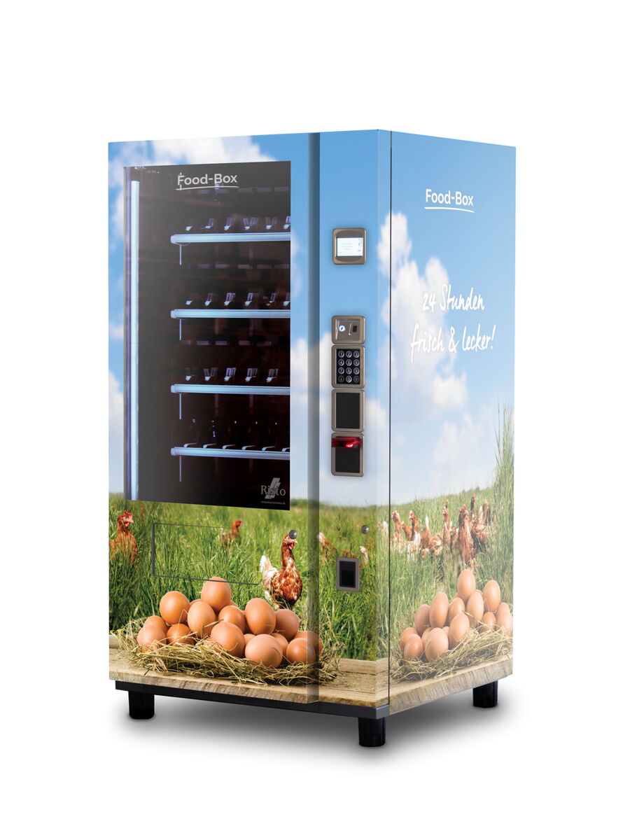 Distributeur automatique avec œufs sur motif de prairie et façade vitrée      