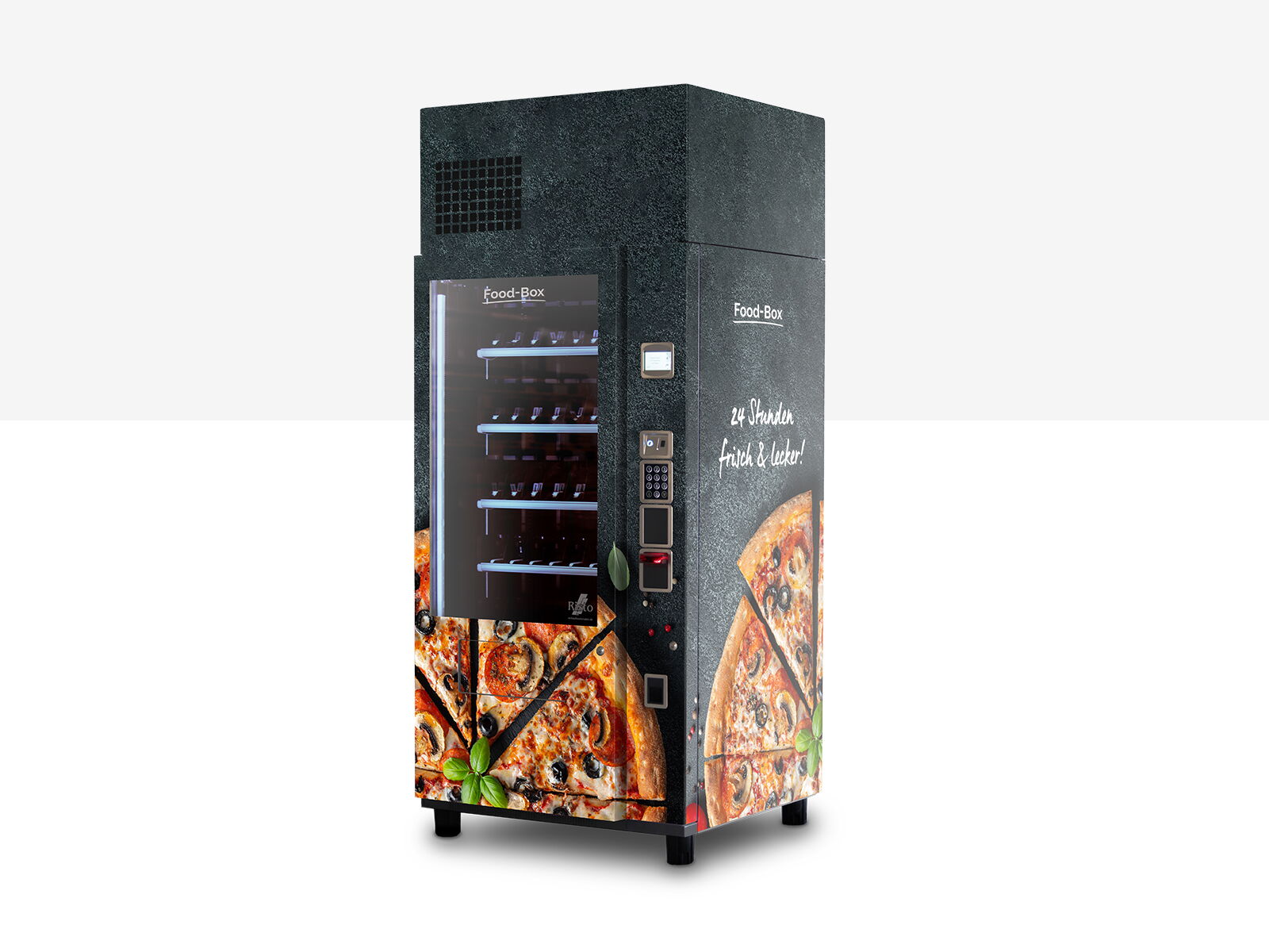 Distributeur automatique gris au motif de pizzas avec façade vitrée      