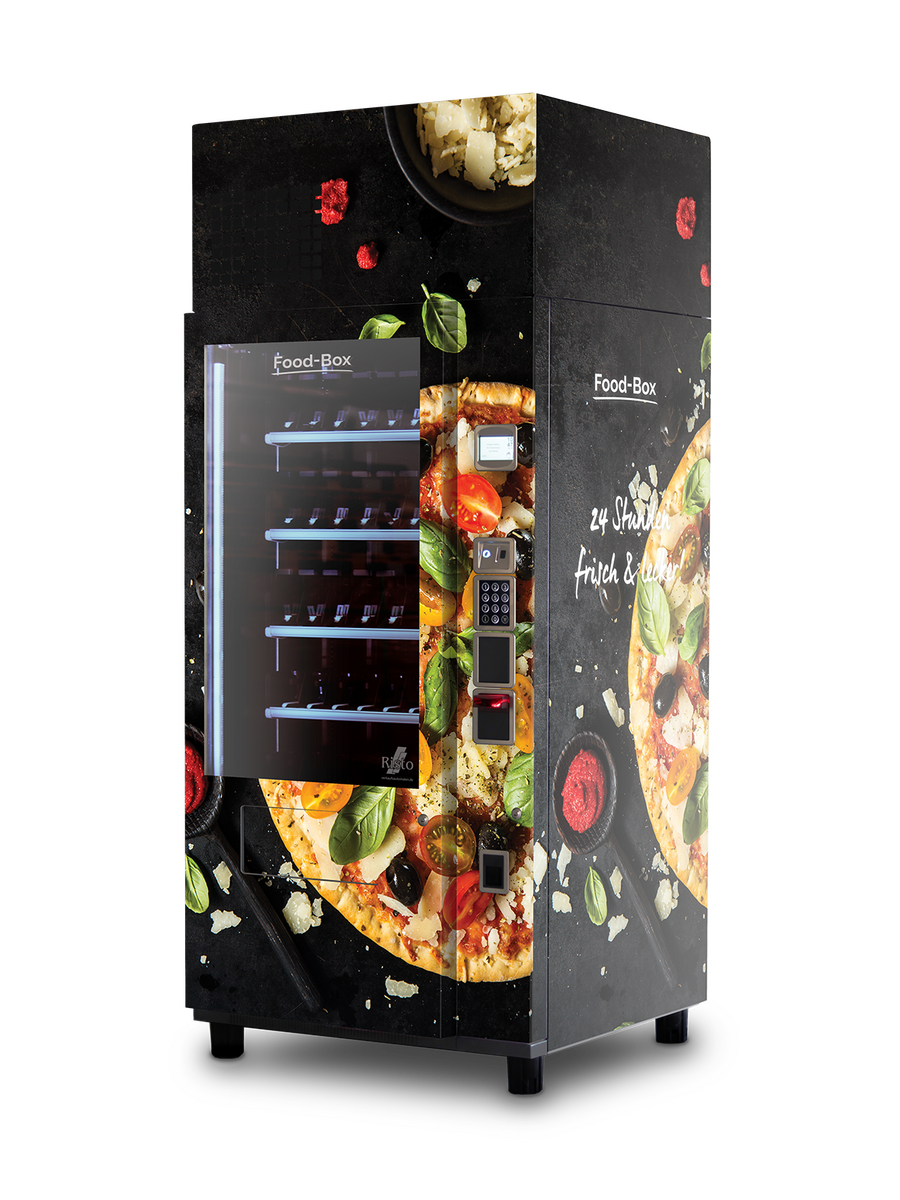 Distributeur automatique illustrant des pizzas et leurs ingrédients      