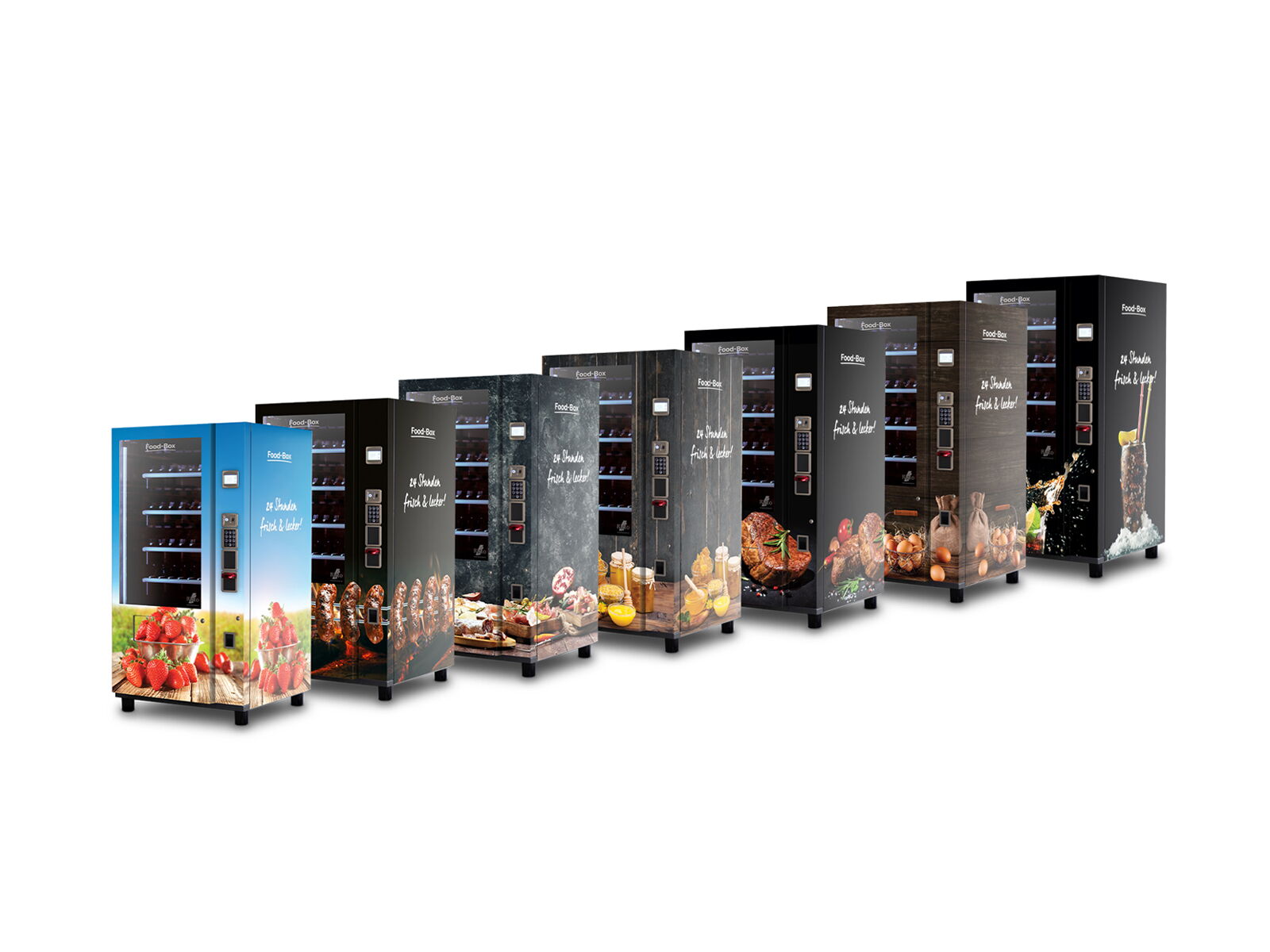 Plusieurs distributeurs automatiques avec différents designs de produits en rangée      
