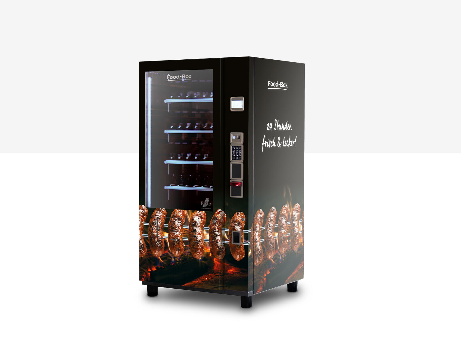 Distributeur automatique noir avec saucisses grillées et motif de flammes      