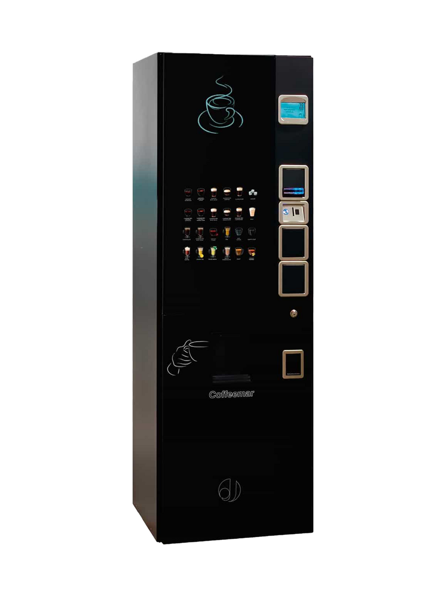 Distributeur automatique de café noir avec écran tactile, choix de boissons et module de paiement      
