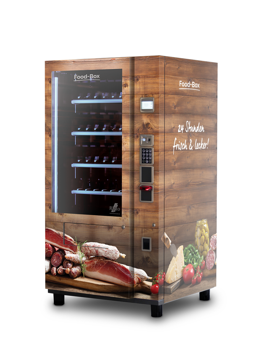 Distributeur automatique en aspect bois avec produits de viande et charcuterie      