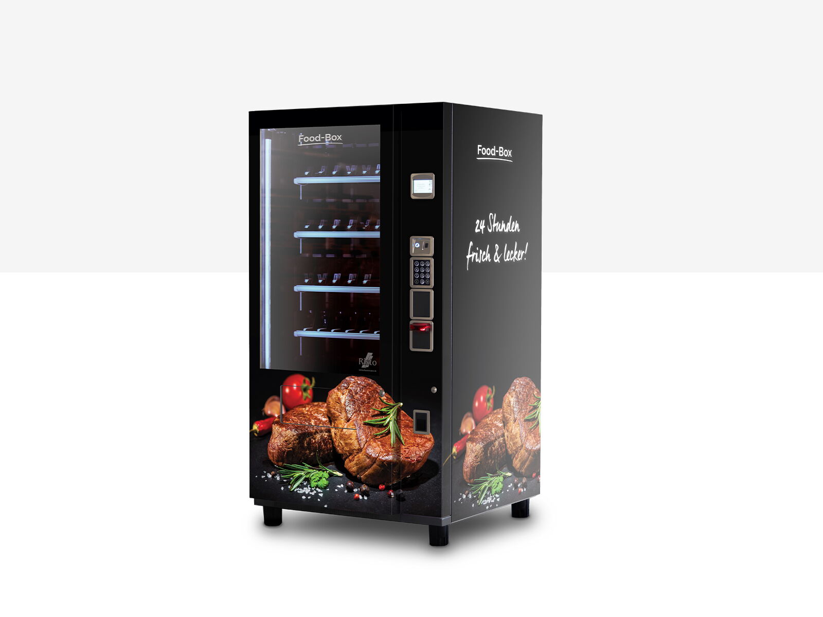 Distributeur automatique noir illustrant de la viande grillée et des herbes      