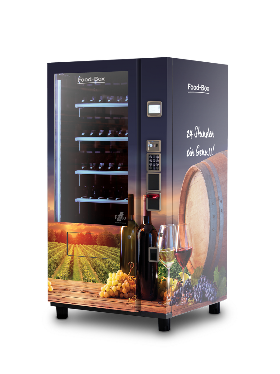 Distributeur automatique noir au motif de vin, bouteilles et tonneau      