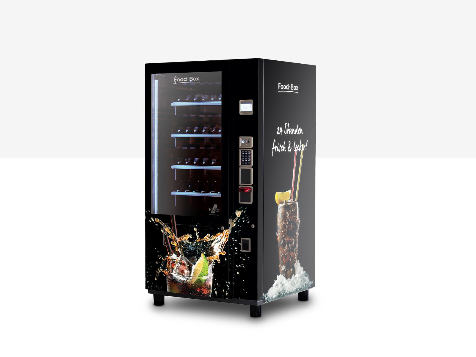 Distributeur automatique noir de boissons avec mention 24 heures frais et délicieux      