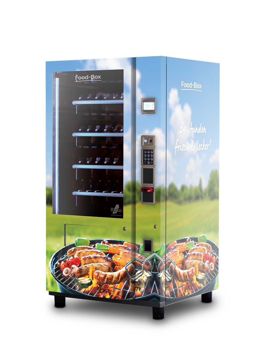 Distributeur automatique avec grillades et viande sur décor de paysage      