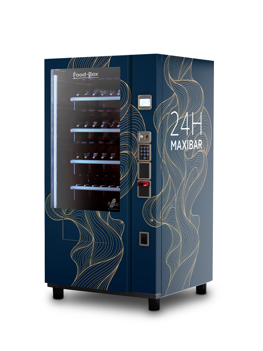 Distributeur automatique au design bleu avec lignes dorées et inscription 24H Maxibar      