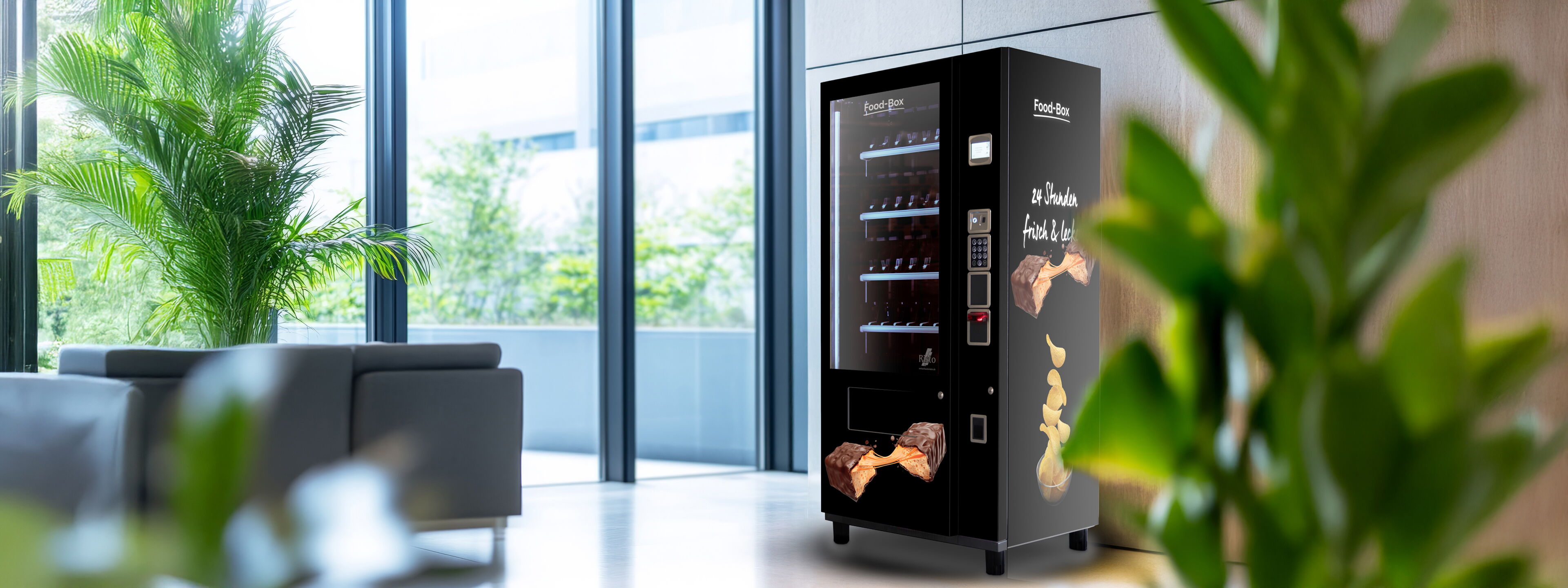 Distributeur automatique dans un bureau ou hall moderne au motif de snacks et confiseries      