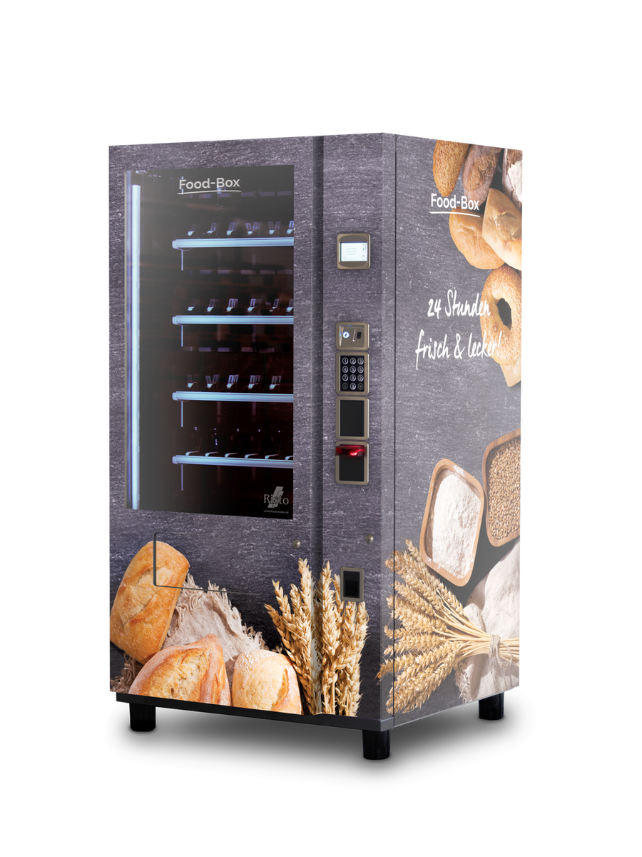 Distributeur automatique illustrant du pain, des céréales et des ingrédients de boulangerie      