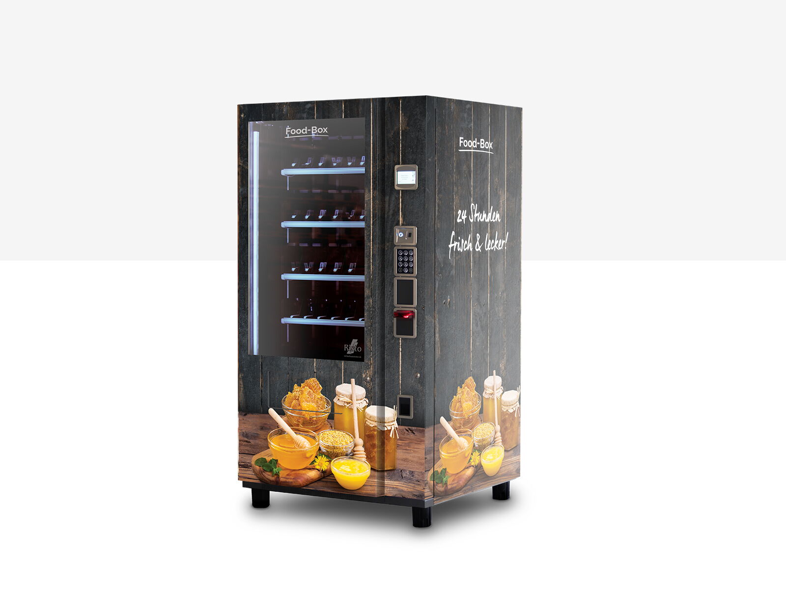 Distributeur automatique au motif de miel et porte vitrée en aspect bois      