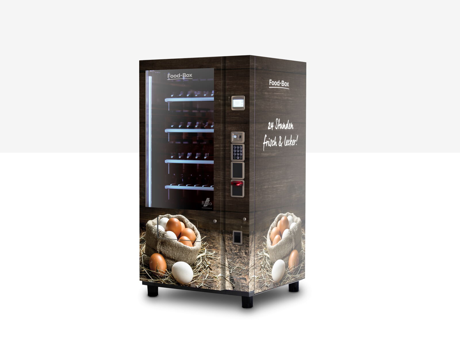 Distributeur automatique en aspect bois avec paniers d'œufs et façade vitrée      