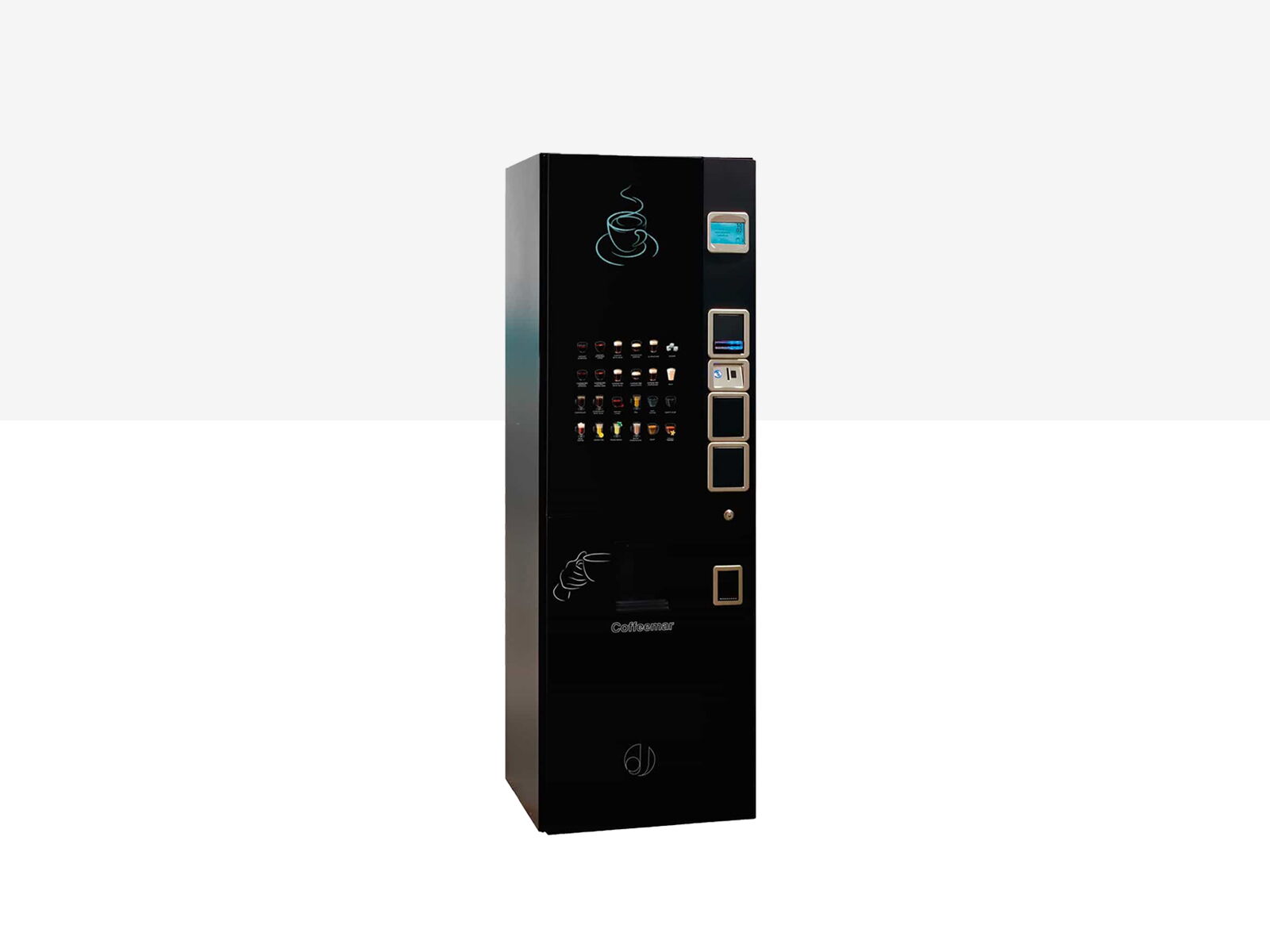 Distributeur automatique de café noir avec symboles de tasses et boissons      
