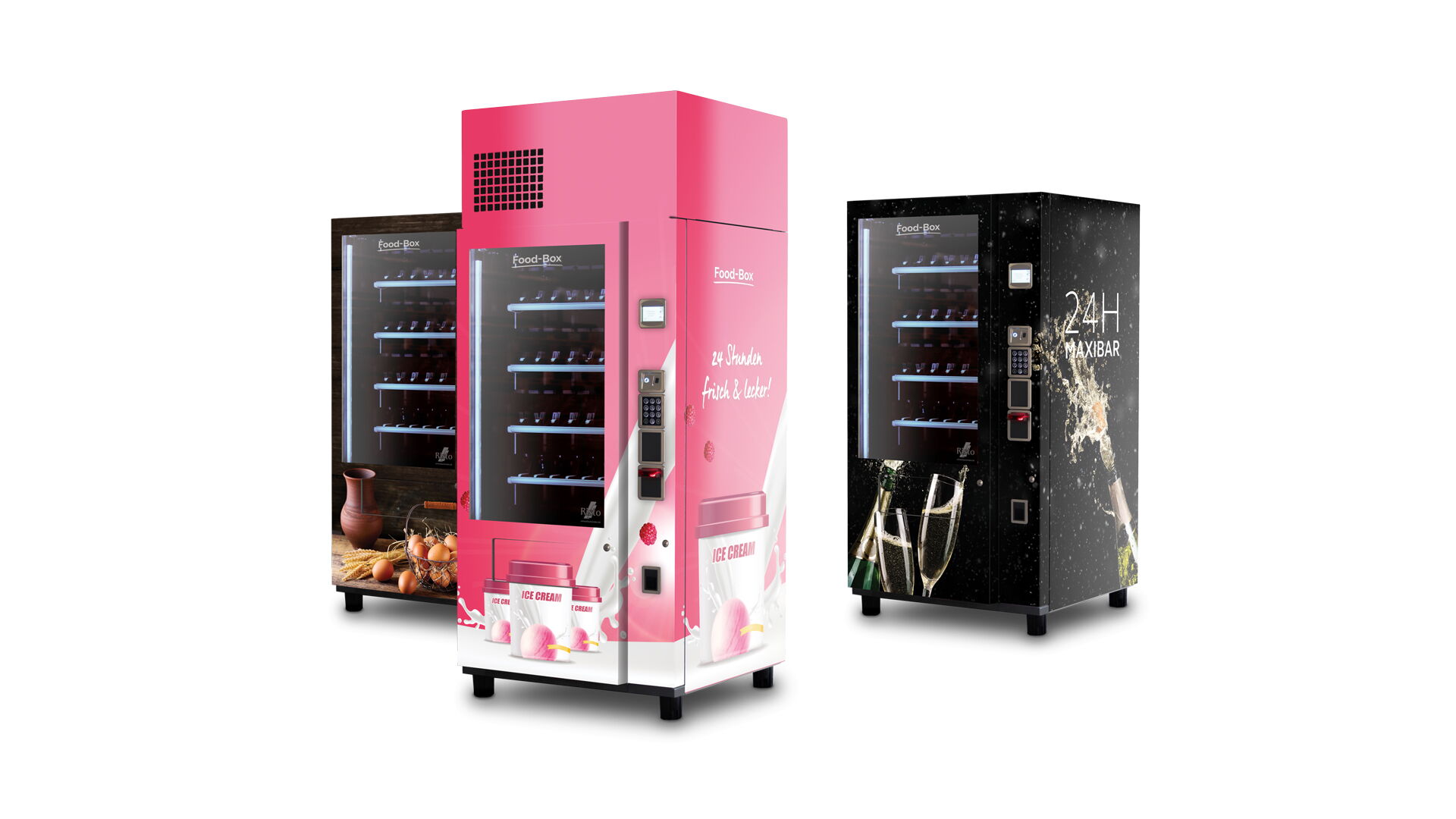 Trois distributeurs automatiques de glaces, boissons et snacks aux designs variés      