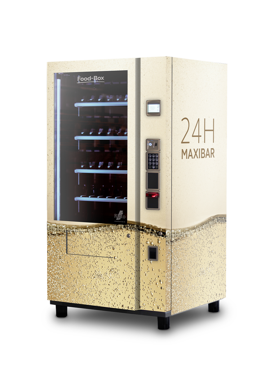 Distributeur automatique illustrant des boissons avec mention 24H Maxibar      