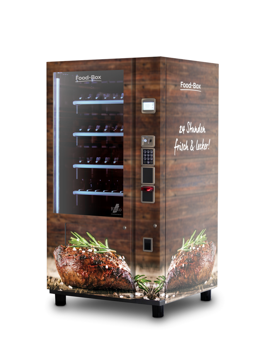 Distributeur automatique illustrant des steaks en aspect bois      