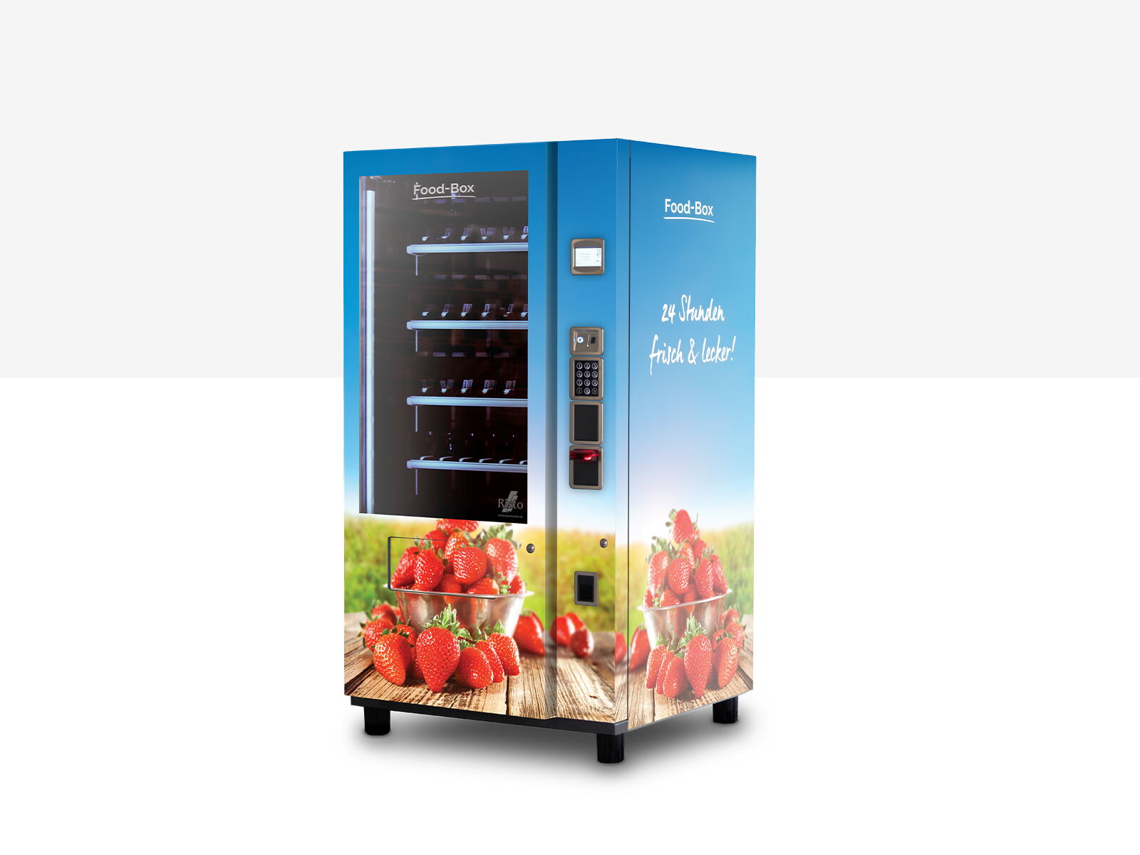 Distributeur automatique bleu au design de fraises avec façade vitrée      