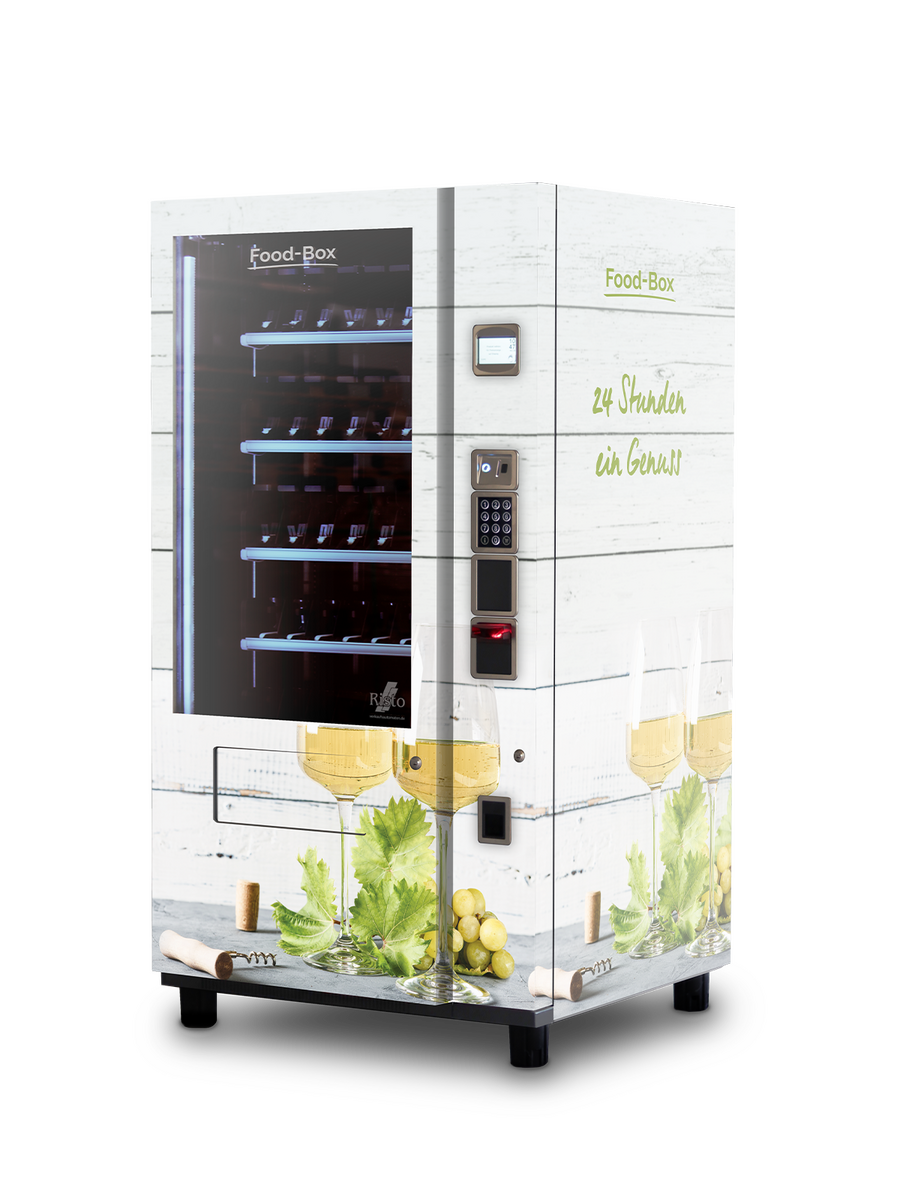 Distributeur automatique blanc avec verres à vin, raisins et bouteilles      