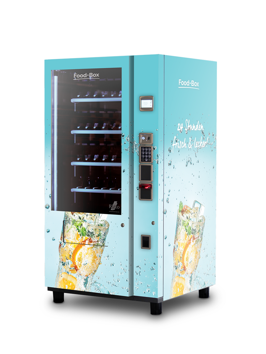 Distributeur automatique au motif de boisson rafraîchissante, glaçons et agrumes sur fond bleu      