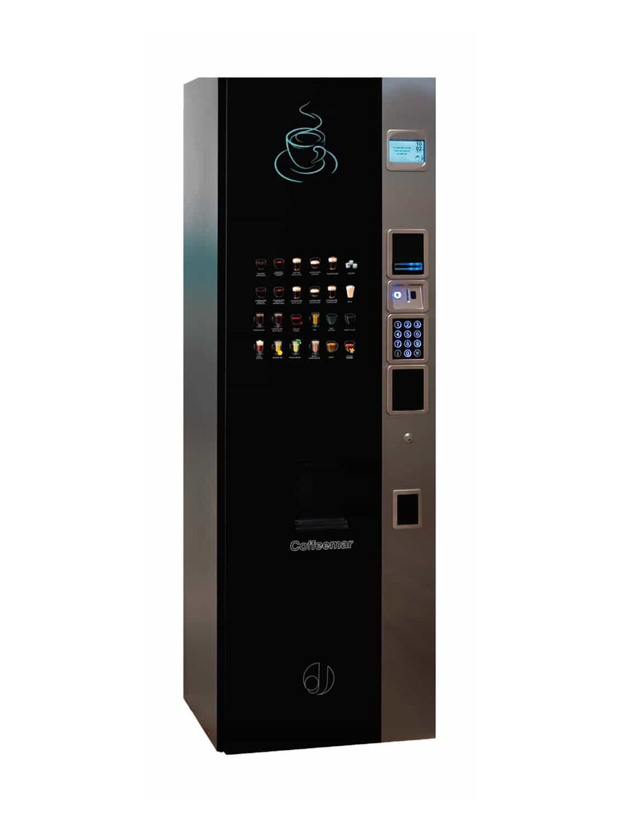 Distributeur de café avec écran tactile et choix de boissons chaudes      