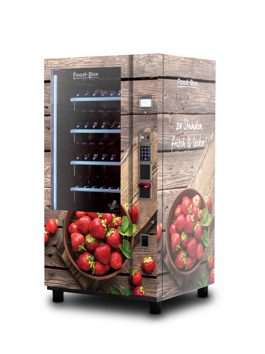 Distributeur automatique en aspect bois au motif de fraises      