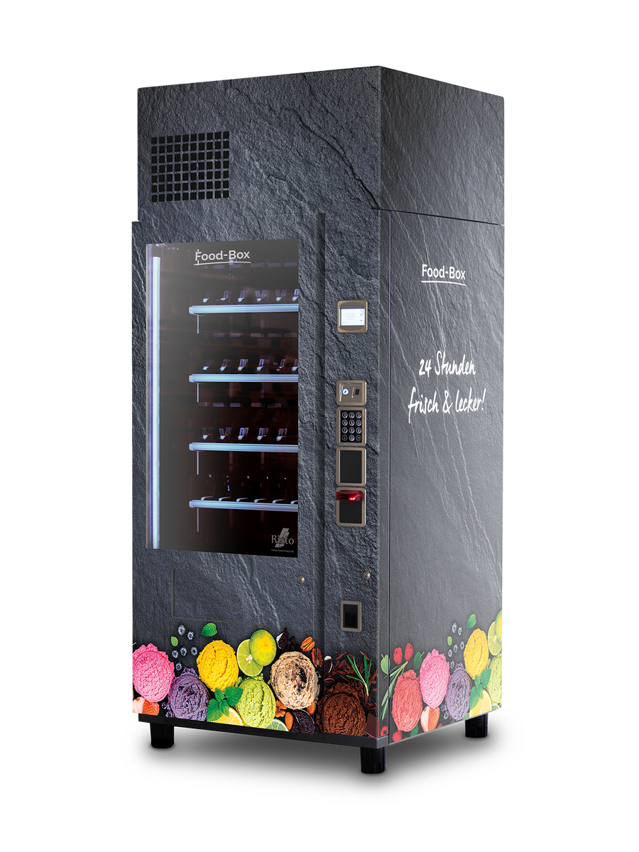 Distributeur automatique en aspect pierre sombre illustrant des boules de glace      