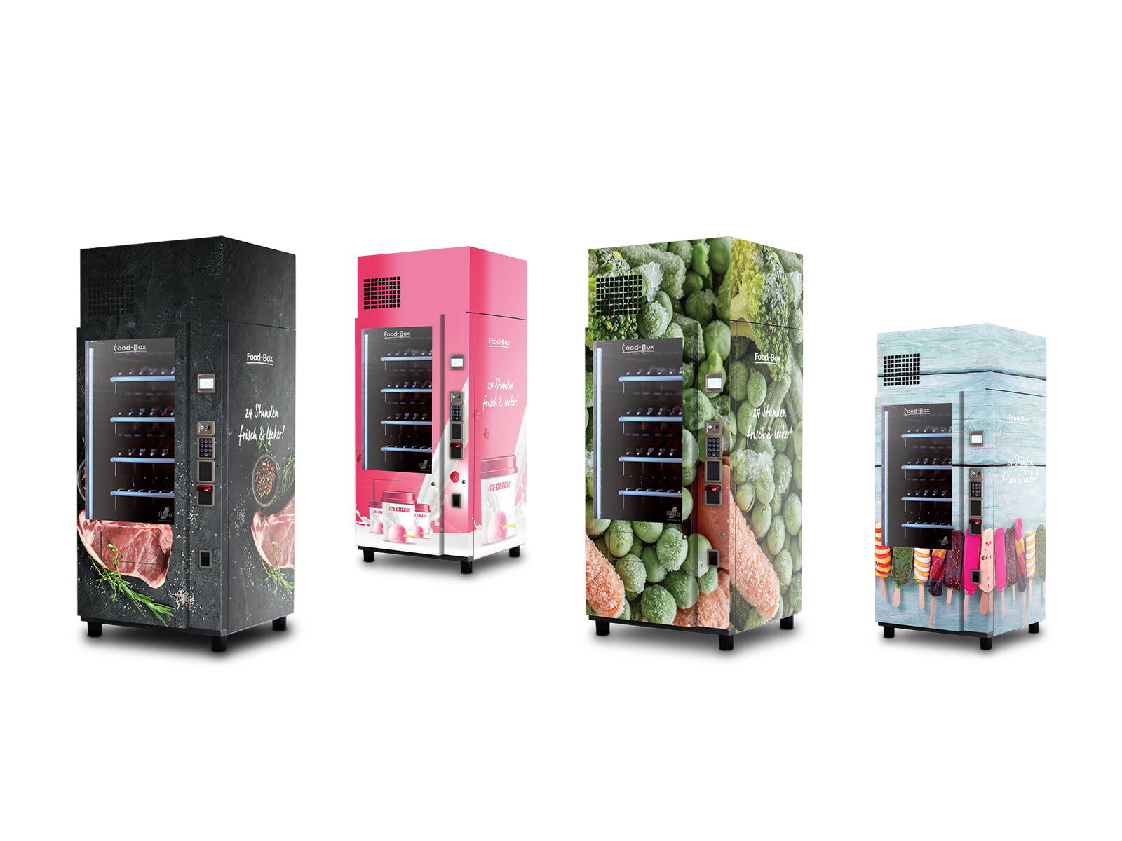 Quatre distributeurs automatiques avec designs glaces, viande, légumes et crème glacée      
