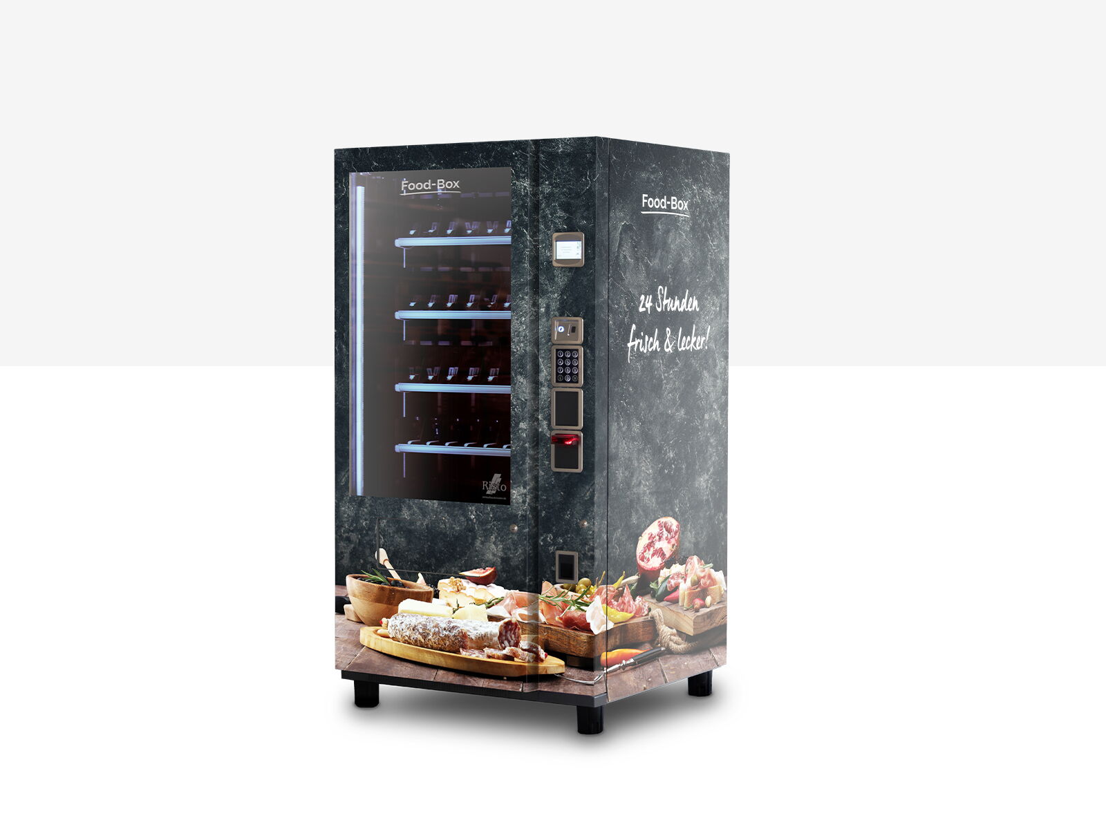 Distributeur automatique noir affichant des saucisses et de la viande      