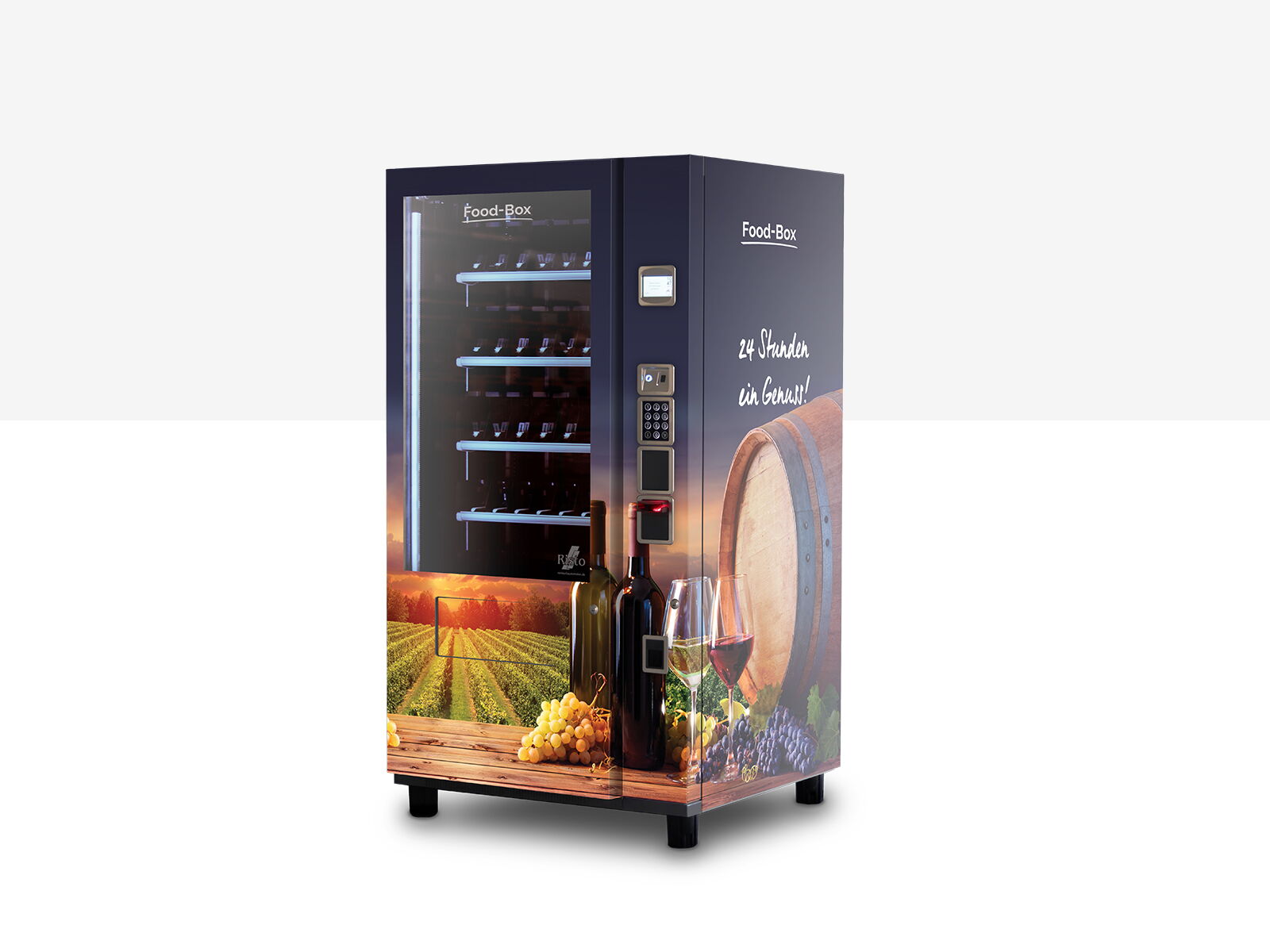 Distributeur automatique noir avec vin et raisins et façade vitrée      