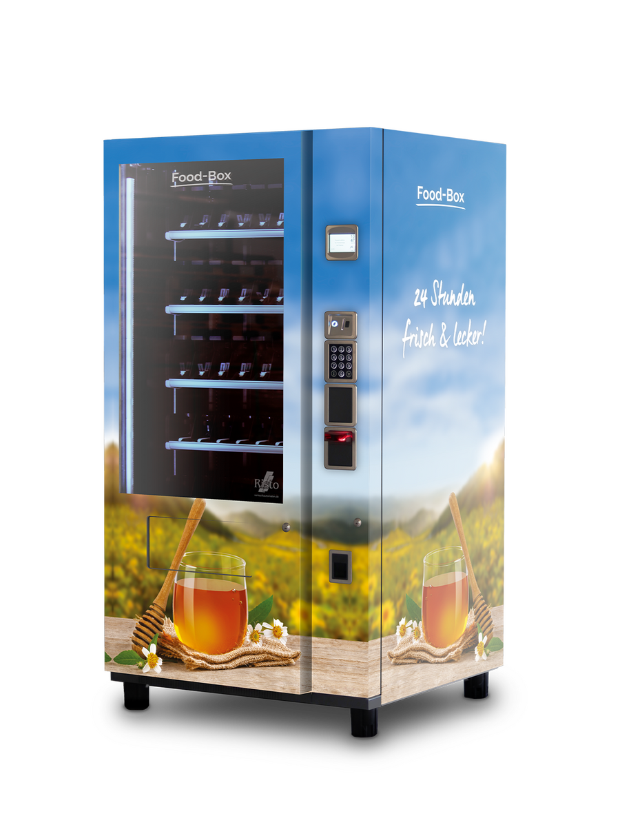 Distributeur automatique au motif de pot de miel et paysage de montagne      