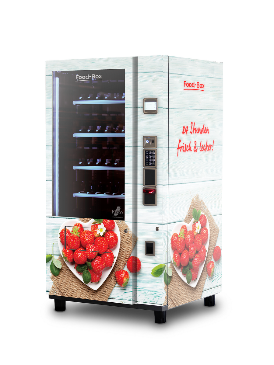 Distributeur automatique de fraises avec mention 24 heures frais et délicieux      
