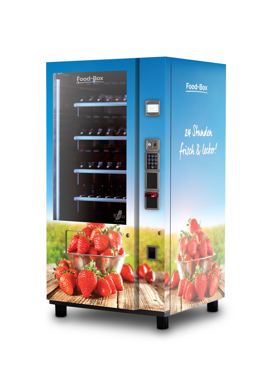 Distributeur automatique bleu illustrant des fraises      