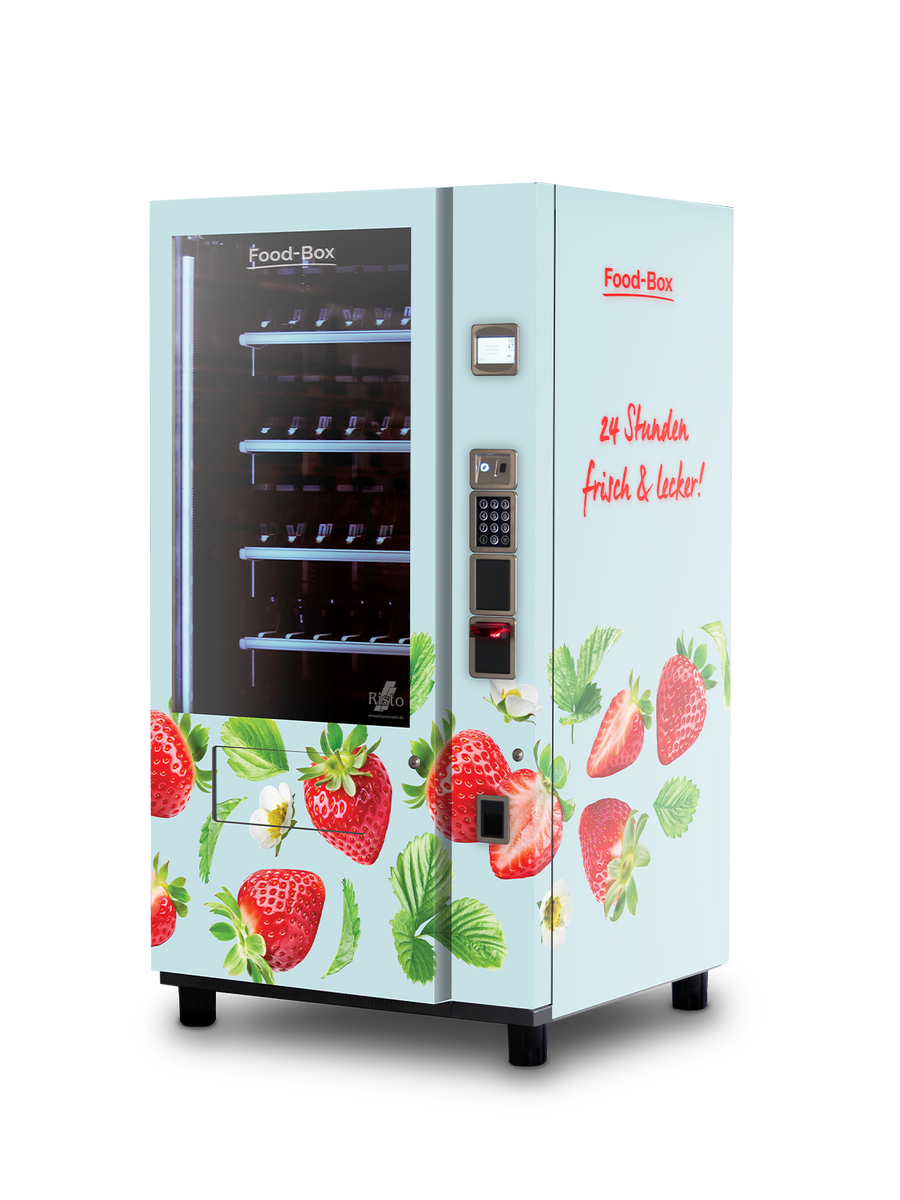 Distributeur automatique au design de fraises sur fond clair avec façade vitrée      
