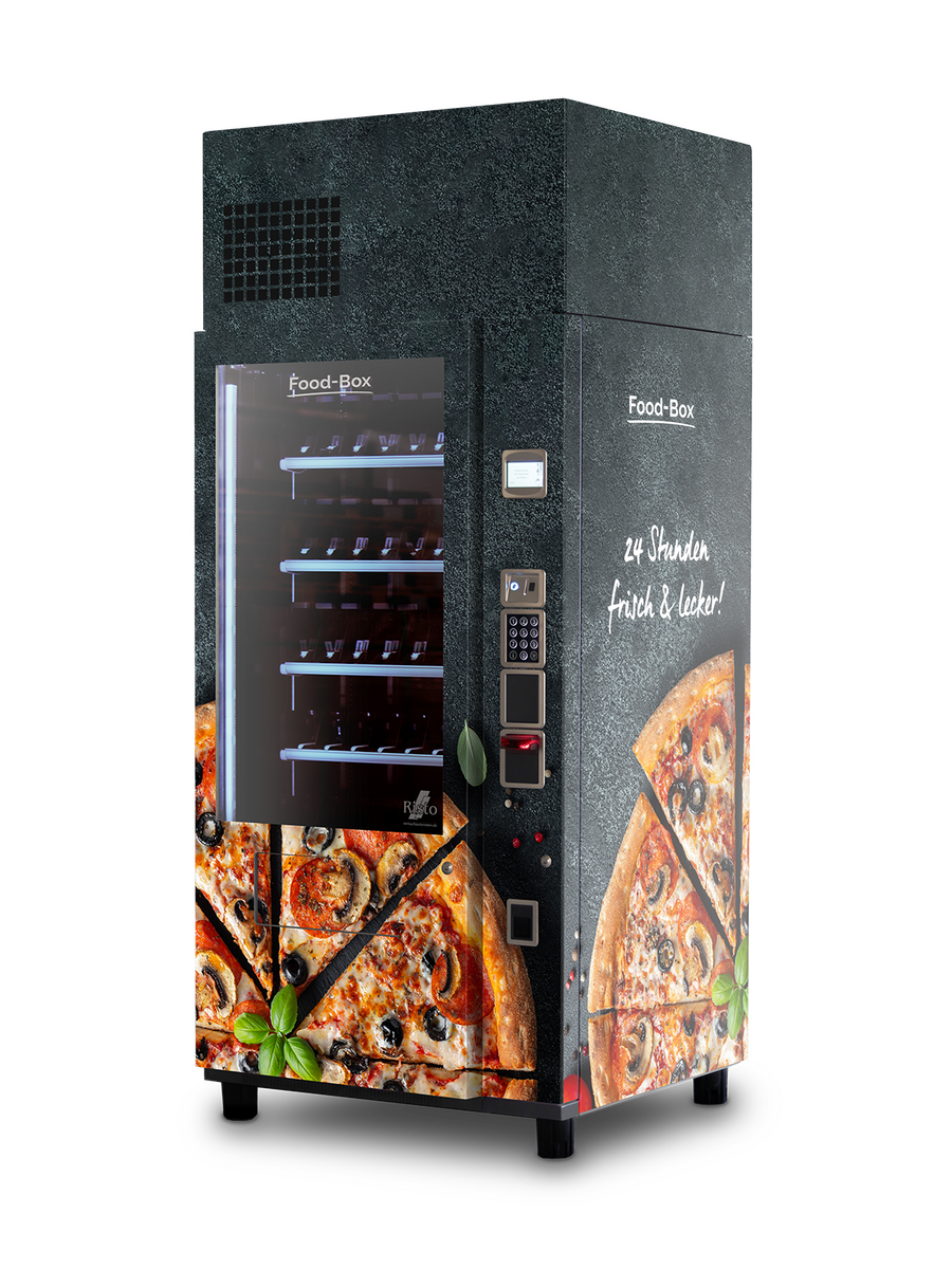 Distributeur automatique noir au motif de pizzas avec façade vitrée      
