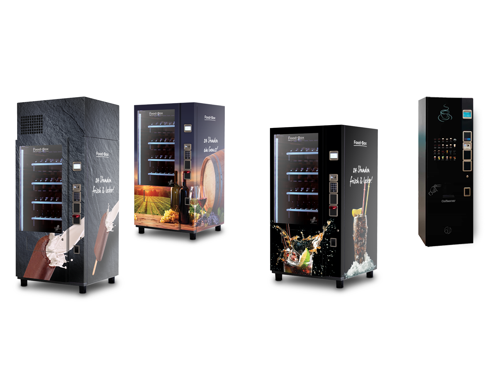Plusieurs distributeurs automatiques de glaces, vin, cocktails et café aux designs variés
