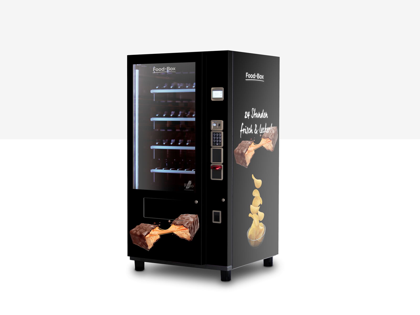 Distributeur automatique noir illustrant des barres chocolatées et des chips      