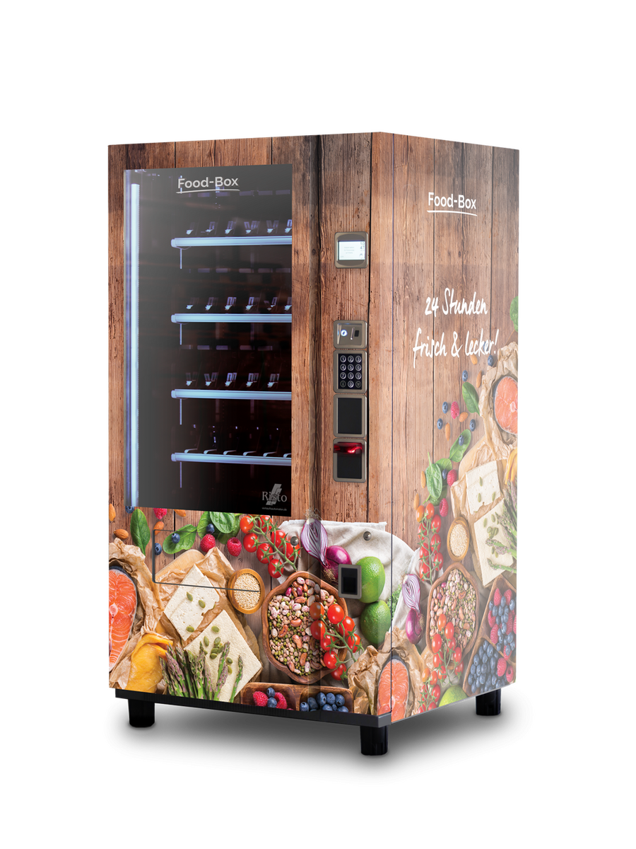 Distributeur automatique illustrant du pain, des légumes et du fromage      