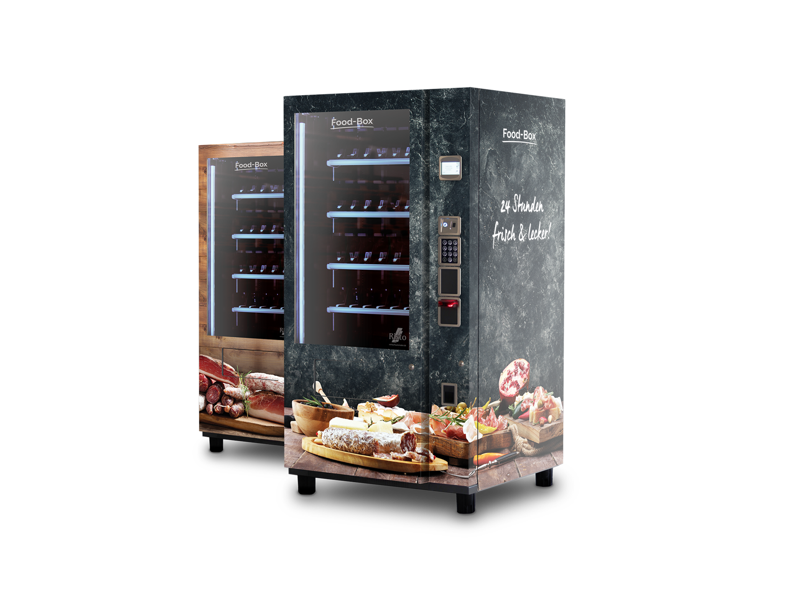 Deux distributeurs automatiques noirs avec viande, fromage et charcuterie      