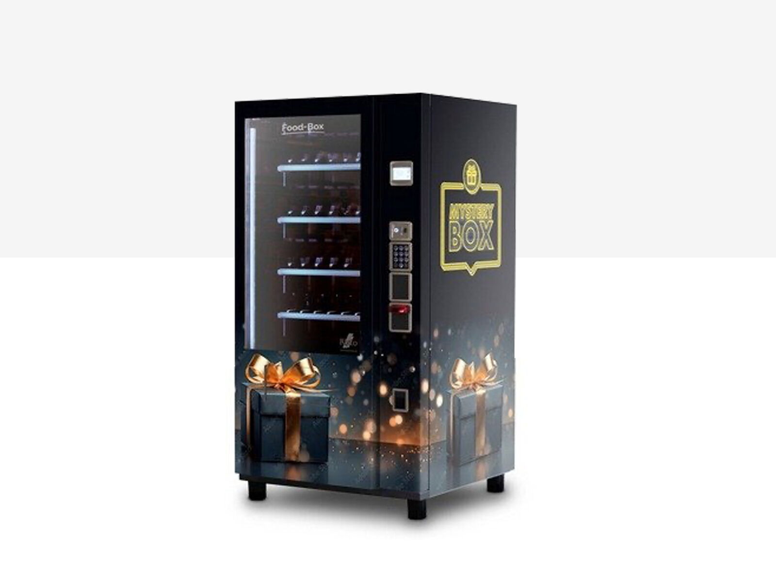Distributeur automatique box mystère au design noir avec motifs de boîtes cadeaux      