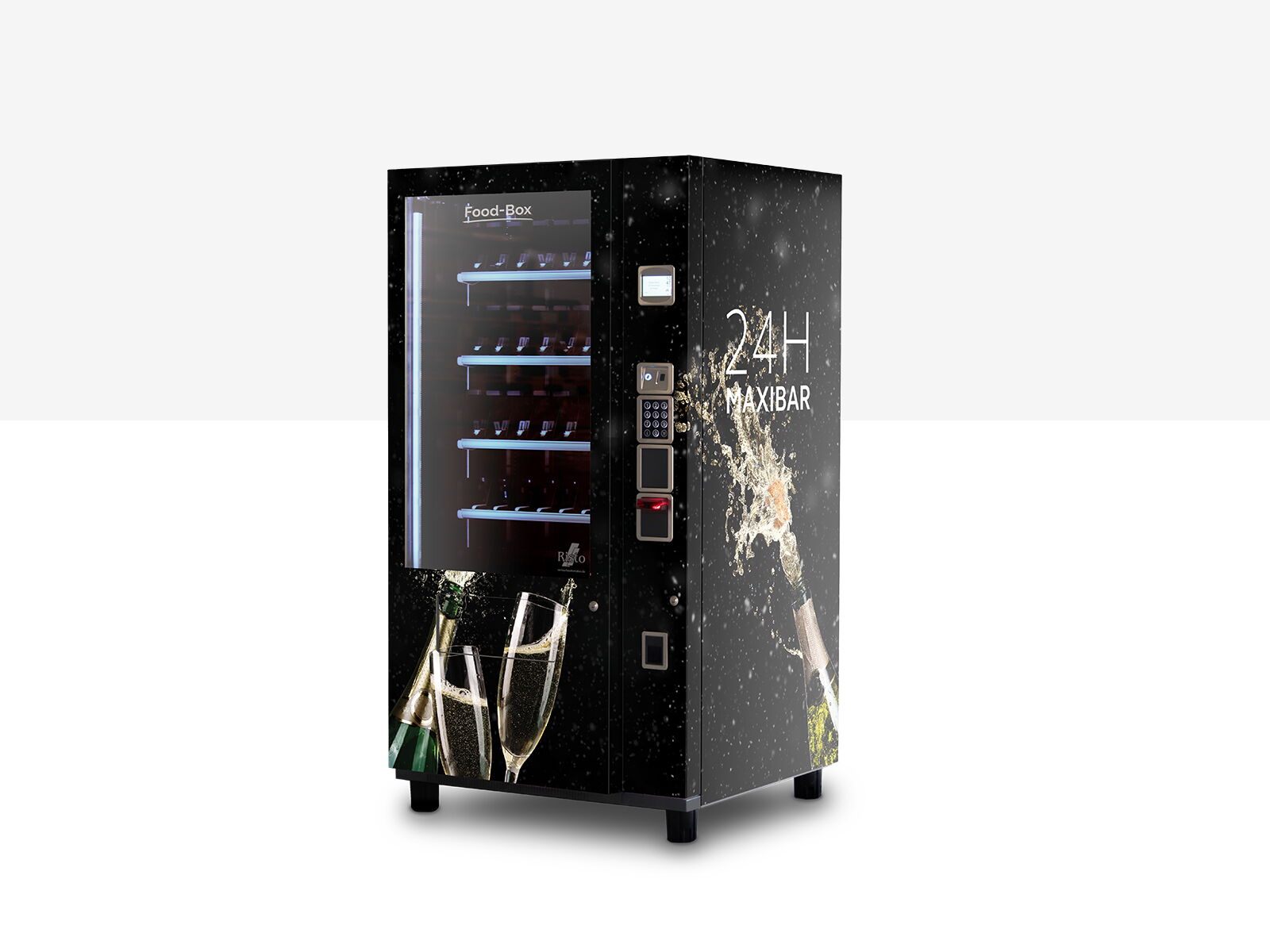 Distributeur automatique illustrant des bouteilles et coupes de mousseux      