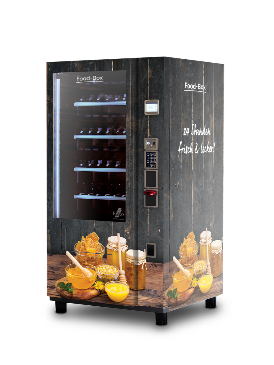 Distributeur automatique au motif de miel et porte vitrée en aspect bois      