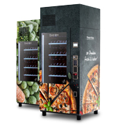 Deux distributeurs automatiques surgelés, pizza à l'avant et petits pois à l'arrière      