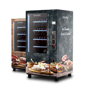 Deux distributeurs automatiques avec motifs pain, fromage et charcuterie, devant et derrière      
